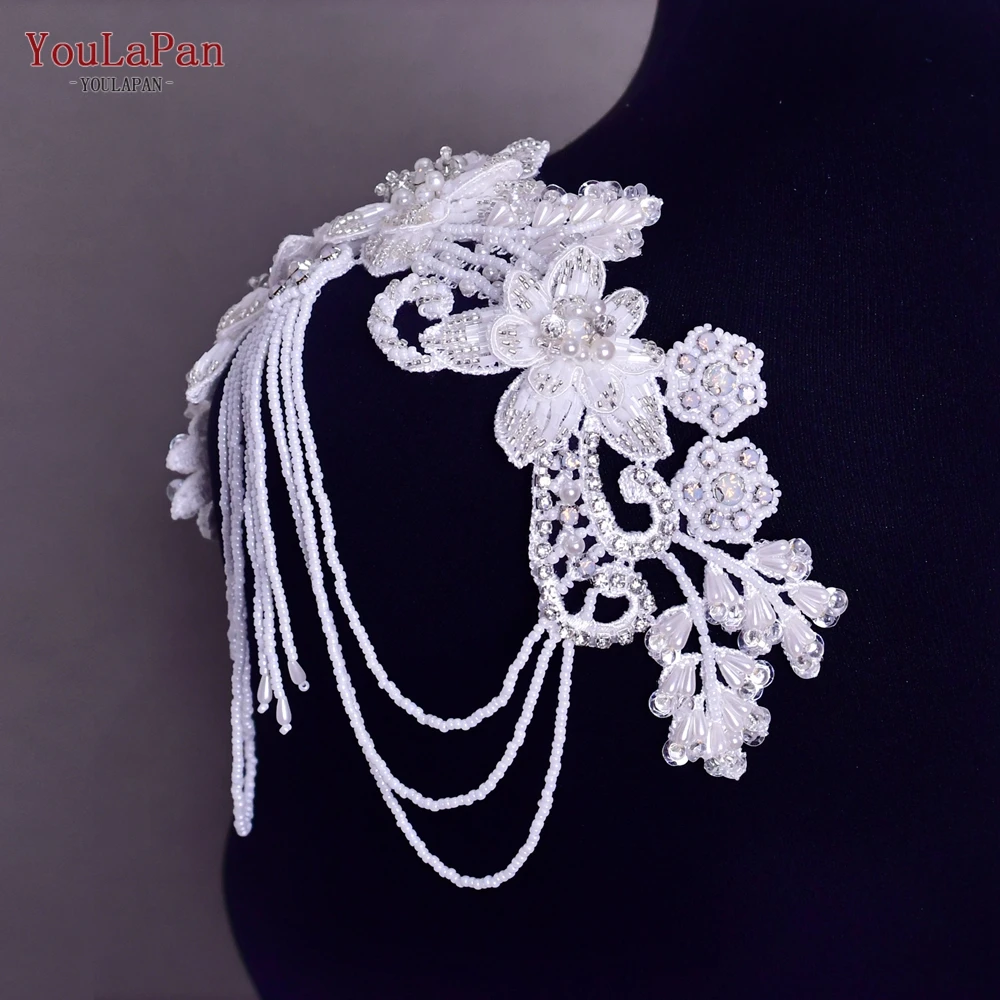 

YouLaPan S112A White Flower Shoulder Patch Tassel Beaded Applique Clothing Decorative Epaulette for Wedding Dress Accessories