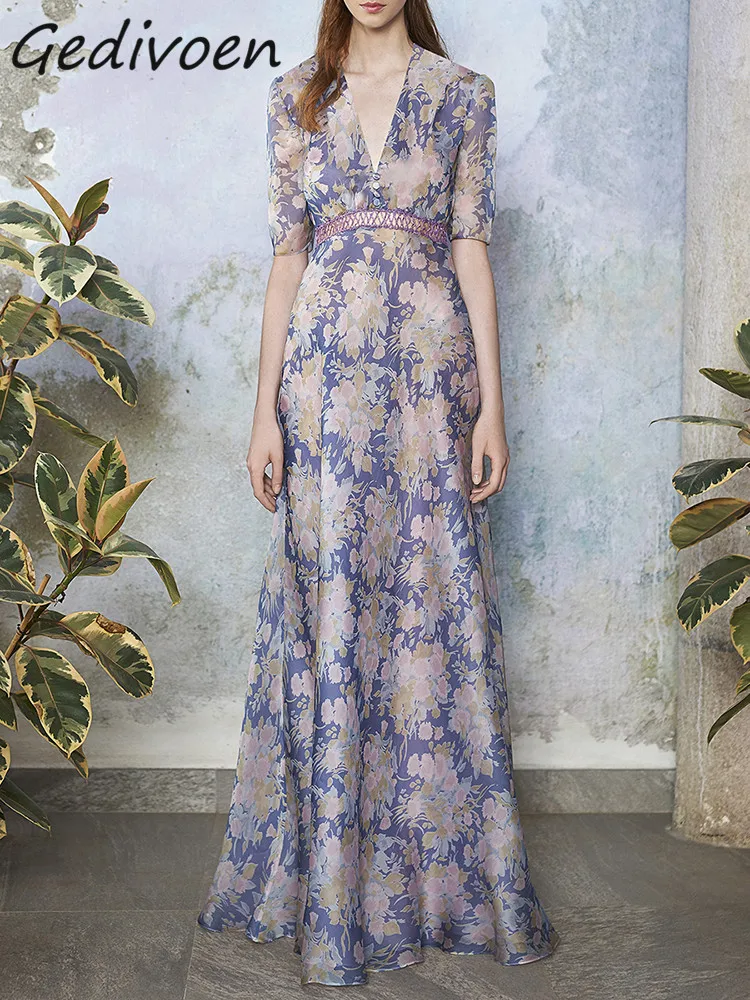 Gedivoen Fashion Designer Summer Vintage Dress Women's V-neck Lace Hollow Out Splicing Holiday Party Purple Print Long Dress
Gedivoen Fashion Designer Summer Vintage Dress Women's V-neck Lace Hollow Out Splicing Holiday Party Purple Print Long Dress
