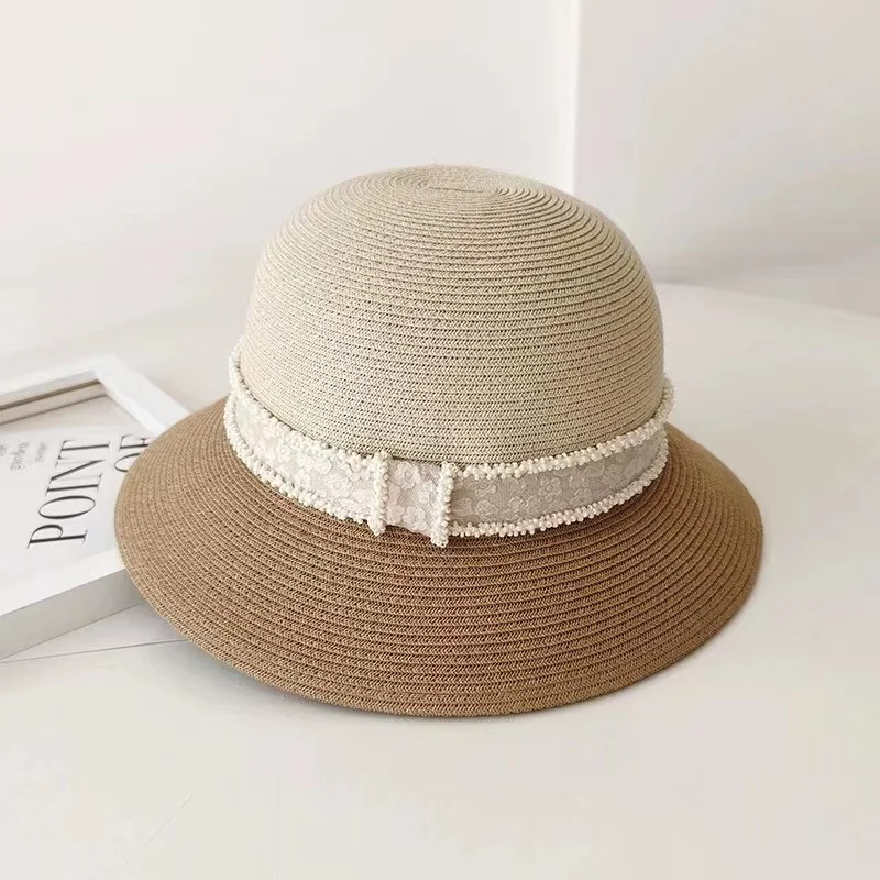 

Fashion New Women's Hat Lace Ribbon Bucket Straw Hat Summer Sunscreen Sun Hat Travel Sunshade Breathable Fisherman cap Foldable