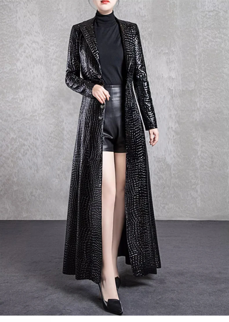 

Autumn Extra Long Black Shiny Reflective Crocodile Print Patent Faux Leather Trench Coat for Women with Side Double Slit 2024