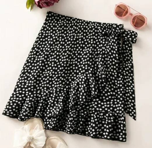 

Women's Mini Skirt 2024 Summer Polka Dots Floral Bow Short Loose Irregular Ruffled Random Printed Lace Up Short Skirt for Women