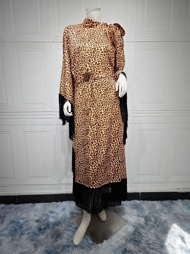 

Dubai Fashion Batwing Sleeve Tassel Evening Party Abayas Saudi Leopard Belted Dresses Shalwar Kameez Moroccan Gulf Women Kaftan