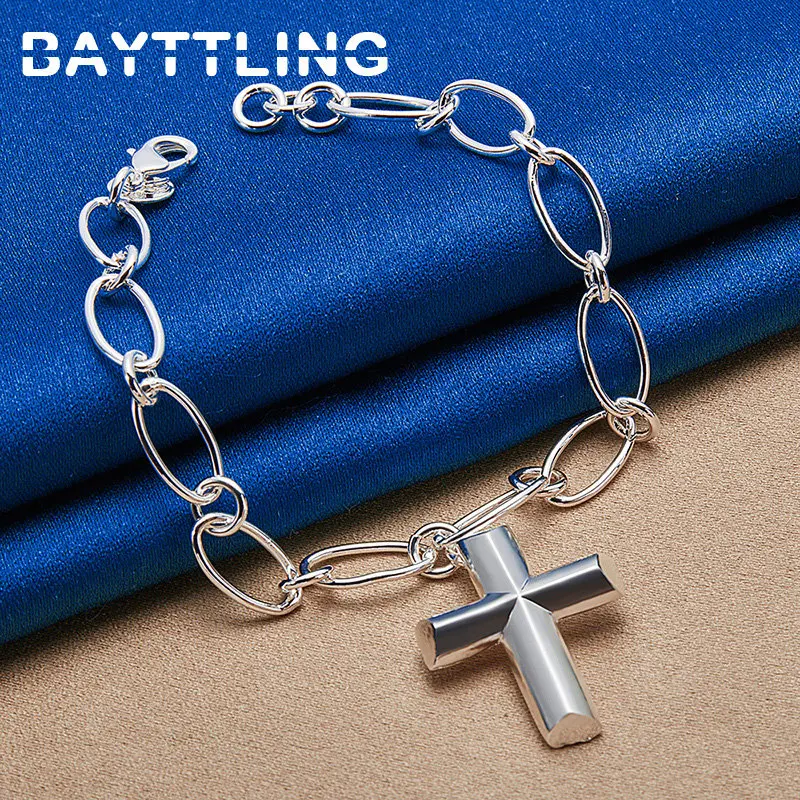 

New 8 Inches 925 Sterling Silver Cross Pendant Women's Bracelet For Fashion Charm Wedding Girlfriend Accessories Party Jewelry