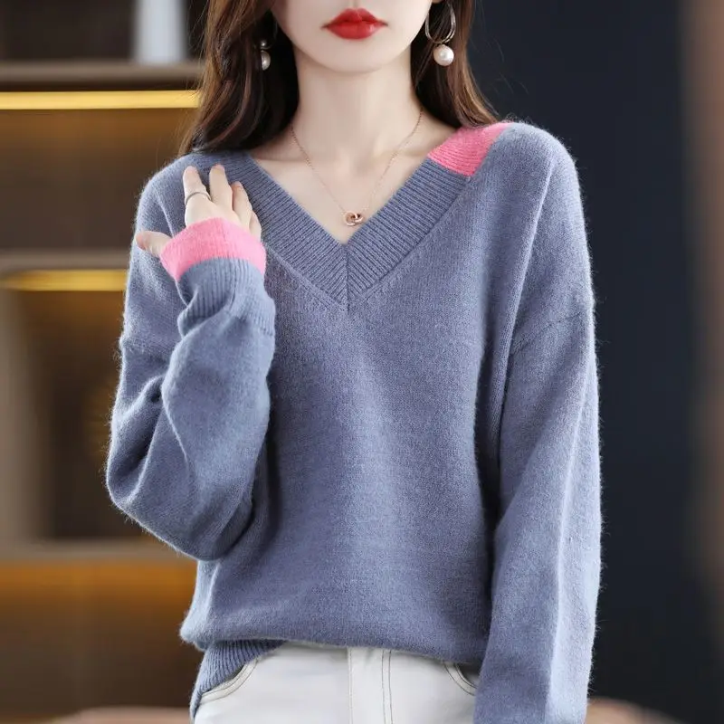 

Женские корейские модные однотонные свитера с соединением осень-зима женская одежда универсальные трикотажные пуловеры с длинным рукавом и V-образным вырезом