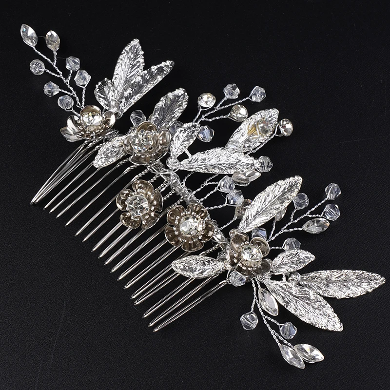 Handmade Luxury Silver Alloy Leaf Floral Rhinestone Bridal Hair Comb Trendy Crystal Wedding Accessories Jewelry Women Prom Tiara 5 S5abd5806ca904b6d99b1eecaee5ef386p