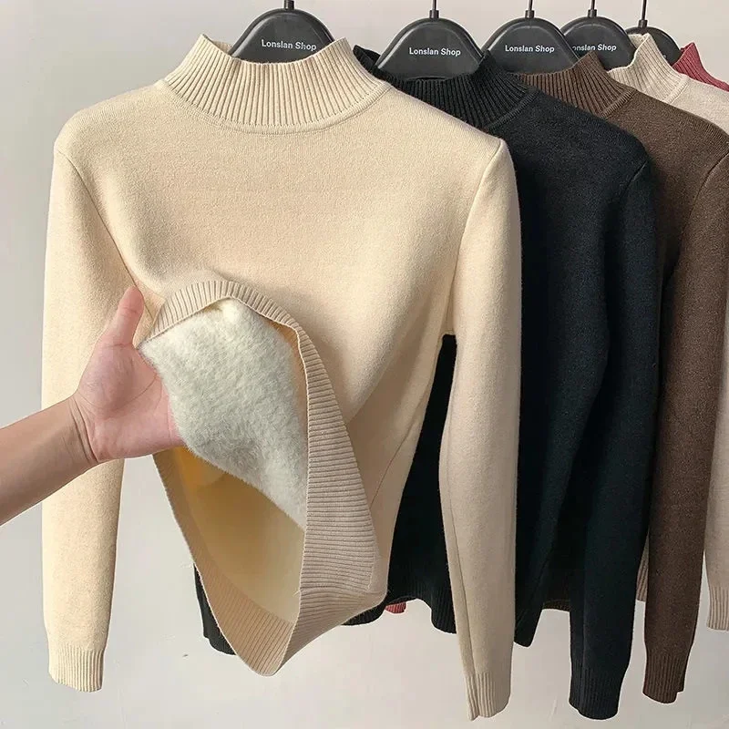 

Vintage Turtleneck Winter Sweater Casual Knitted Pullovers Fashion Clothes Simple Fleece Lined Warm Knitwear Woman Base Top E35