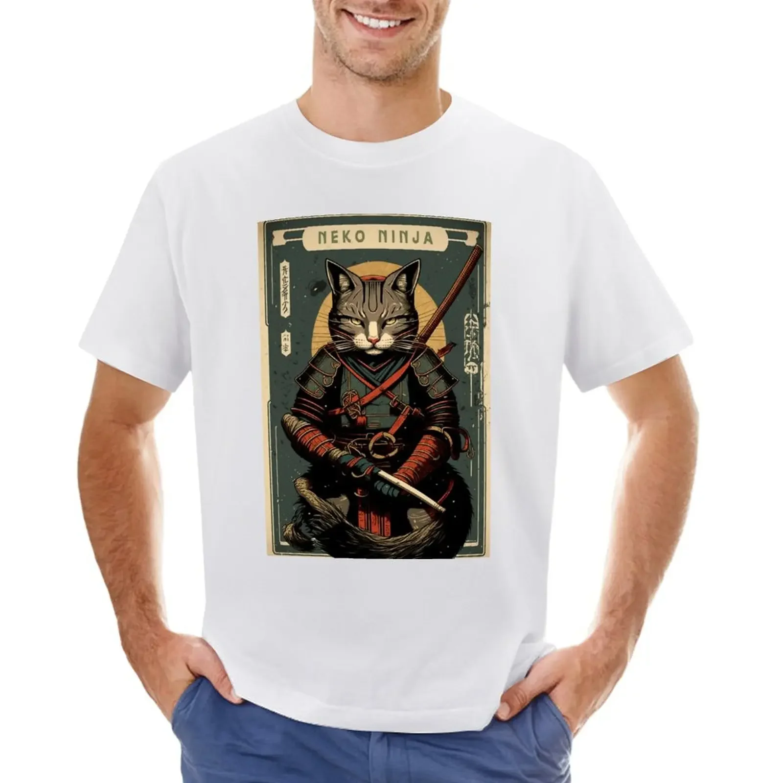 

Samurai cat holding a katana vintage poster - neko ninja T-shirt plus size tops customizeds Men's t-shirt
