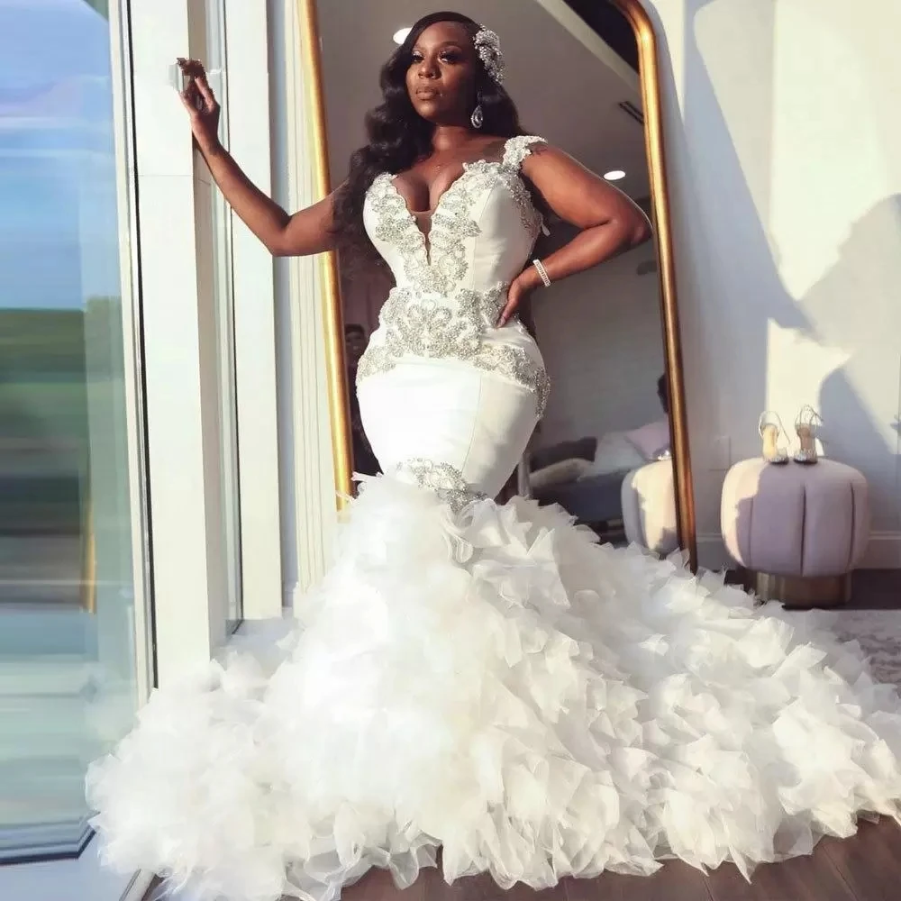 

African Mermaid Wedding Sweetheart Ruffle Royal Train Black Bride Dress Beading Formal Bridal Gown Plus Size Pageant