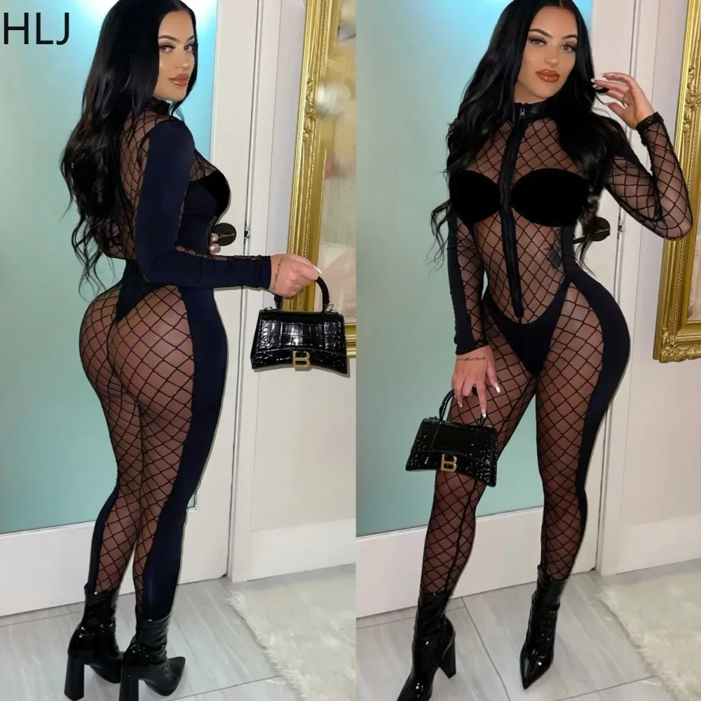 

HLJ Black Sexy Mesh Hollow Out Bodycon Nightclub Party Jumpsuits Women Round Neck Zipper Skinny Playsuit Female Splicing Overall