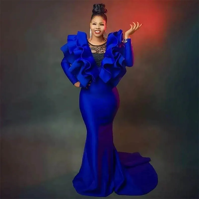 Sexy Royal Blue Mermaid Prom Dresses Lace Sweep Train Long Sleeves Satin Evening Formal Party Gowns Custom
Sexy Royal Blue Mermaid Prom Dresses Lace Sweep Train Long Sleeves Satin Evening Formal Party Gowns Custom