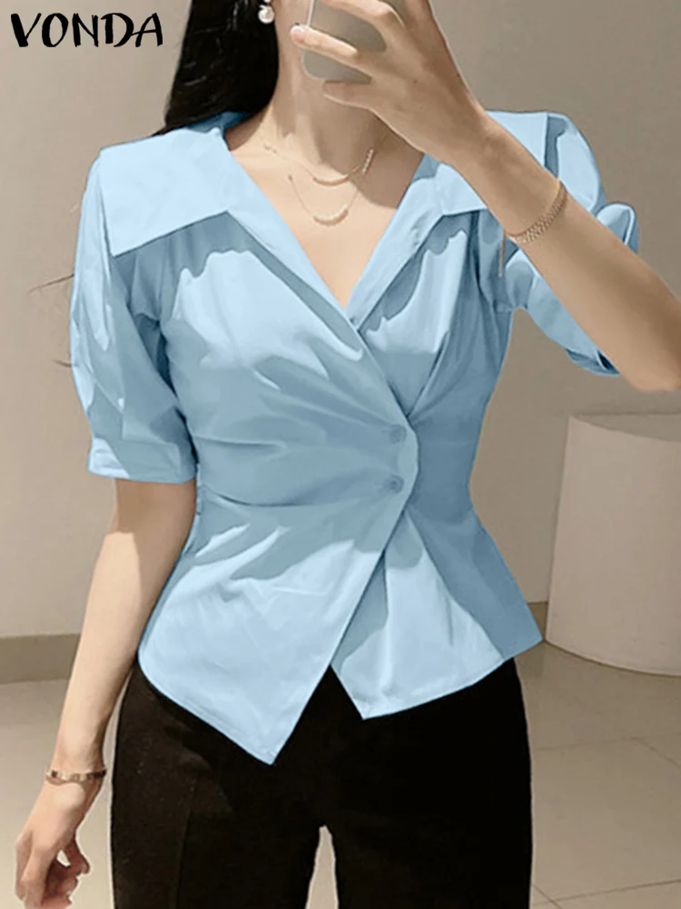 

Элегантные рубашки VONDA 2023, Летние Женские однотонные Топы с коротким рукавом-фонариком, офисные блузки с отворотом, модная повседневная свободная туника, блузы