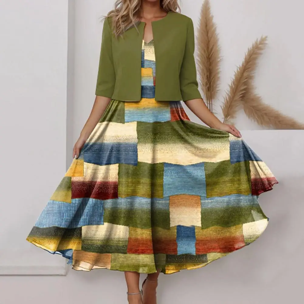 Women Coat Dress Set Half Sleeve Solid Cardigan V Neck Colorblock Plaid Print Sleeveless A-line Loose Hem Dress Midi Dress Set
Women Coat Dress Set Half Sleeve Solid Cardigan V Neck Colorblock Plaid Print Sleeveless A-line Loose Hem Dress Midi Dress Set