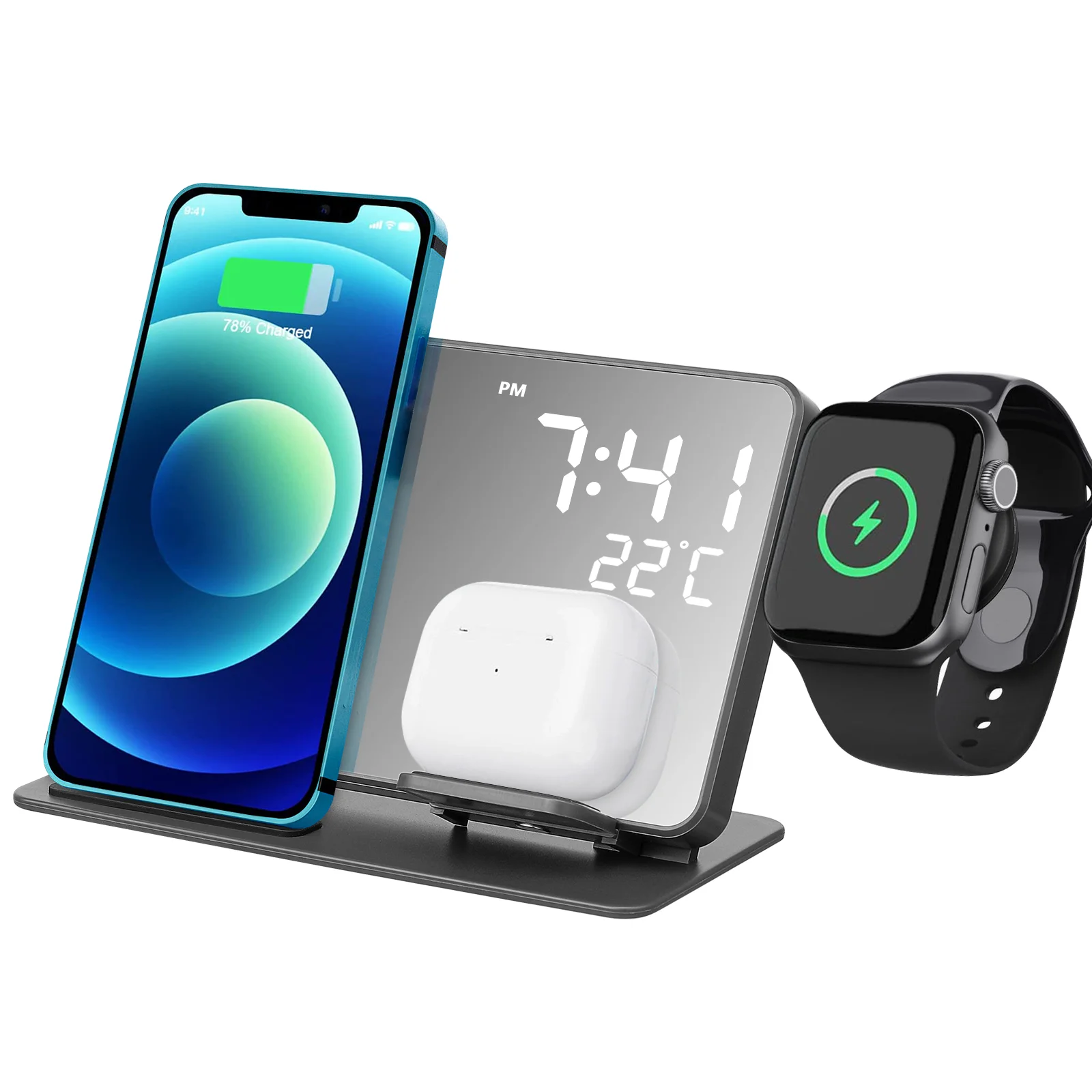 Charging Station 4-in-1 Wireless with Digital Clock Fast Charging Stand Compatible with Samsung and Watch
Charging Station 4-in-1 Wireless with Digital Clock Fast Charging Stand Compatible with Samsung and Watch