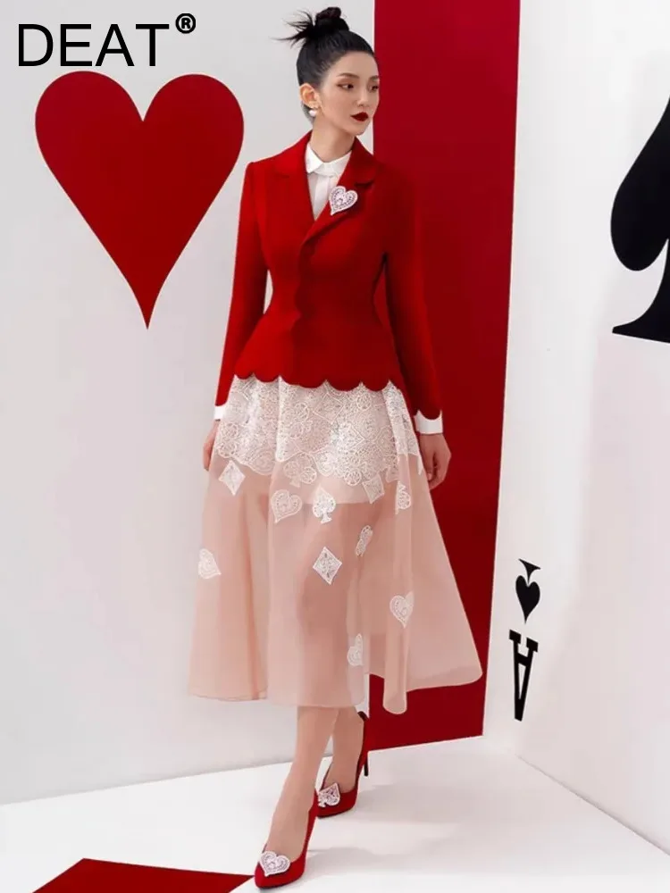 DEAT 2 Pcs Set Heart Red Notched Collar Wavy Edge Blazer Sleeveless Embroidery Gauze Women's Suits 2023 Winter New Fashion
DEAT 2 Pcs Set Heart Red Notched Collar Wavy Edge Blazer Sleeveless Embroidery Gauze Women's Suits 2023 Winter New Fashion