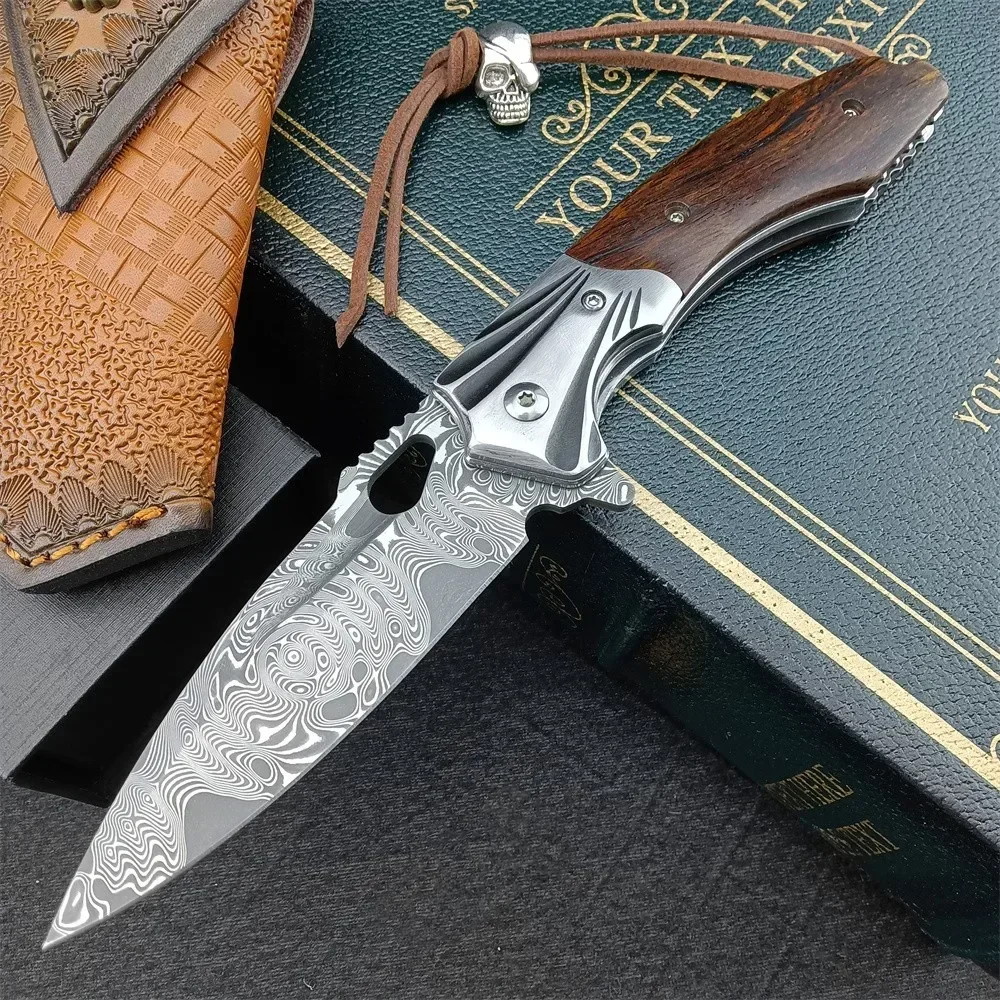

67 Layers VG10 Steel Steel Pocket Folding Knife Rosewood Handle Outdoor Hunting Camping Knife Survival EDC Tool Leather Sheath