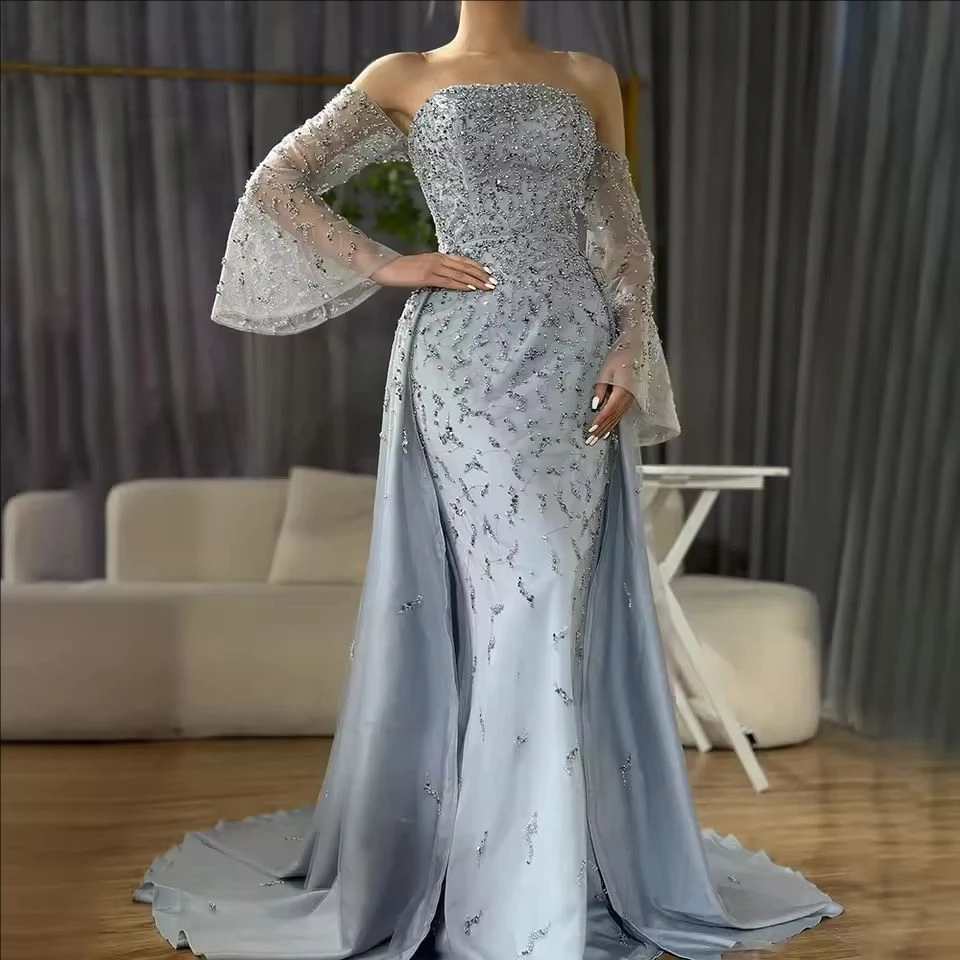 Customized Evening Gowns with Side Skirt Party Dress 2025 Strapless Gray Beaded Pearls Luxury Dubai 4 S5acd8caf40254e55a08432295dcbc23a0