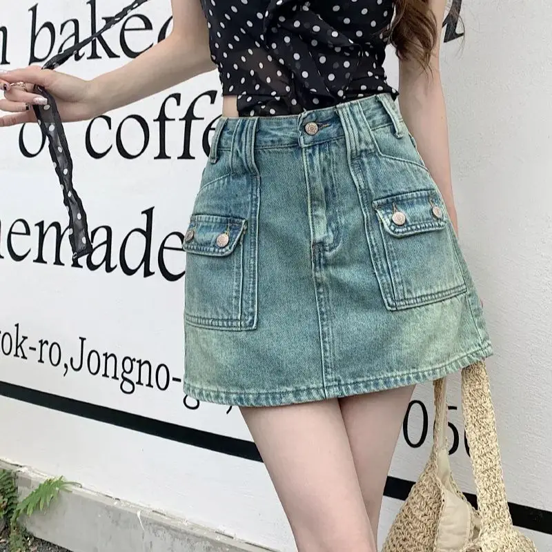 

2024 summer workwear denim skirt with lining High Waist Pocket Button Blue Denim Jeans Culottes Summer New Skirt