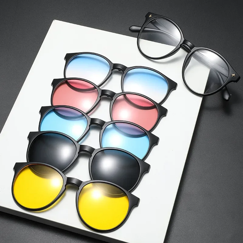 

Очки солнцезащитные мужские и женские с магнитной застежкой, квадратные поляризационные темные очки UV400 в серой оправе из TR90, по рецепту, при близорукости, для улицы, 5 линз