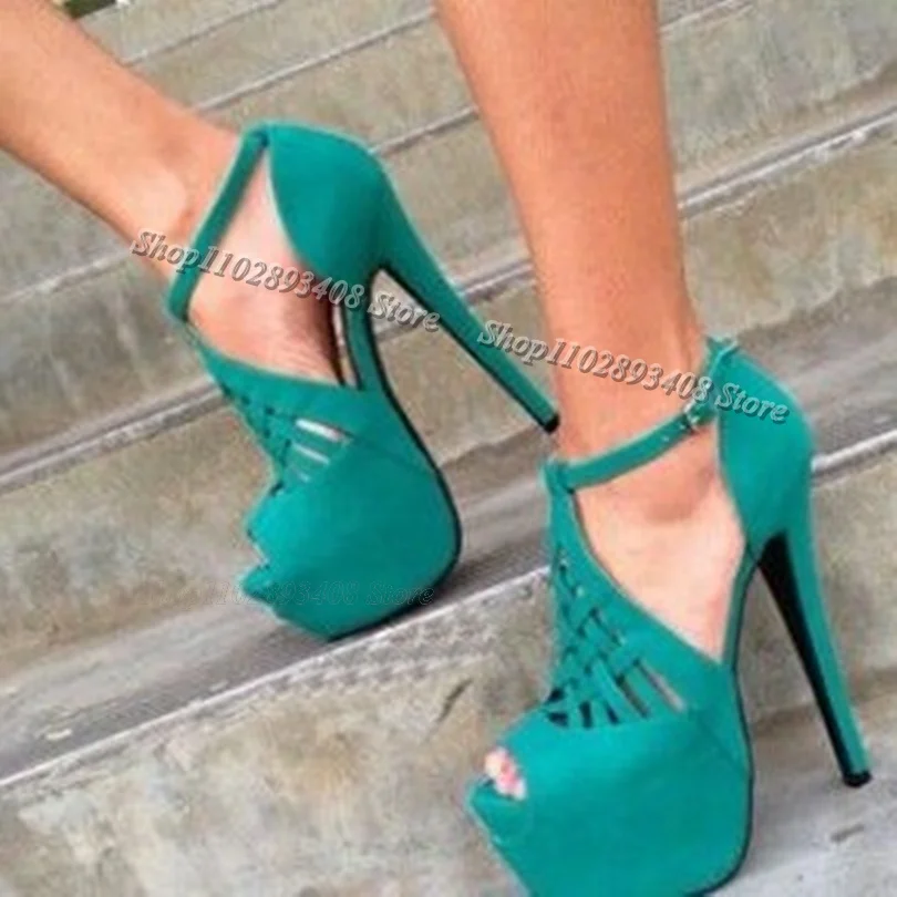 

Turquoise Platform Flock Sandals Cover Heels Peep Toe Stiletto Ankle Buckle British Style Party Women Shoes Zapatos Para Mujere