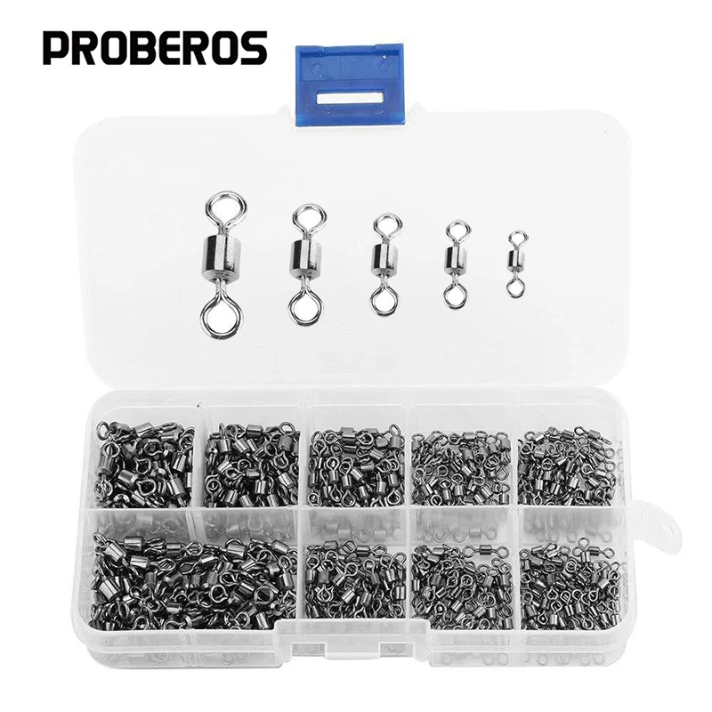 

PRO BEROS 210Pcs 5 Size Fishing Swivel Solid Connector Ball Bearing Snap Fishing Swivels Rolling Stainless Steel Bead Tackle Box