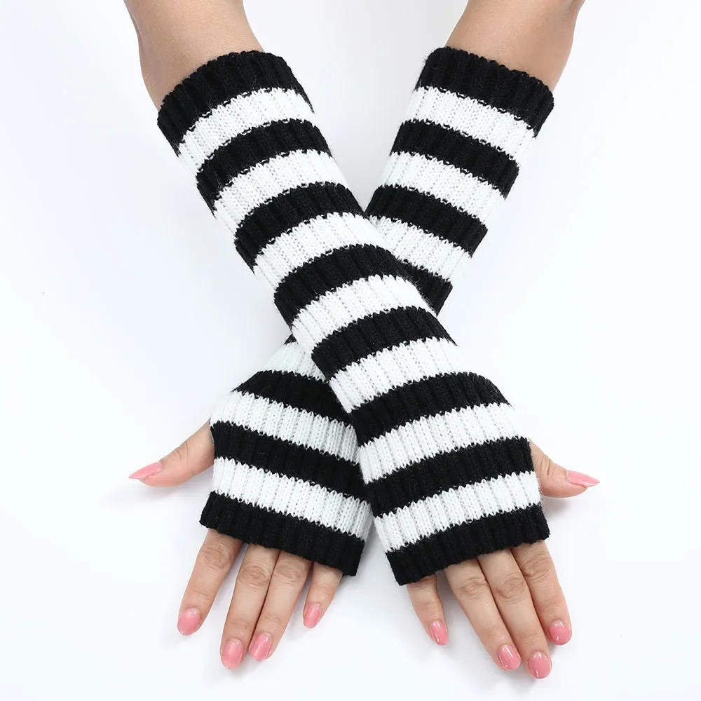

New Women Long Arm Covers Sleeves Knitted Fingerless Gloves Fashion Streak Warm Home Mittens Half-Finger Glove For Autumn Winter