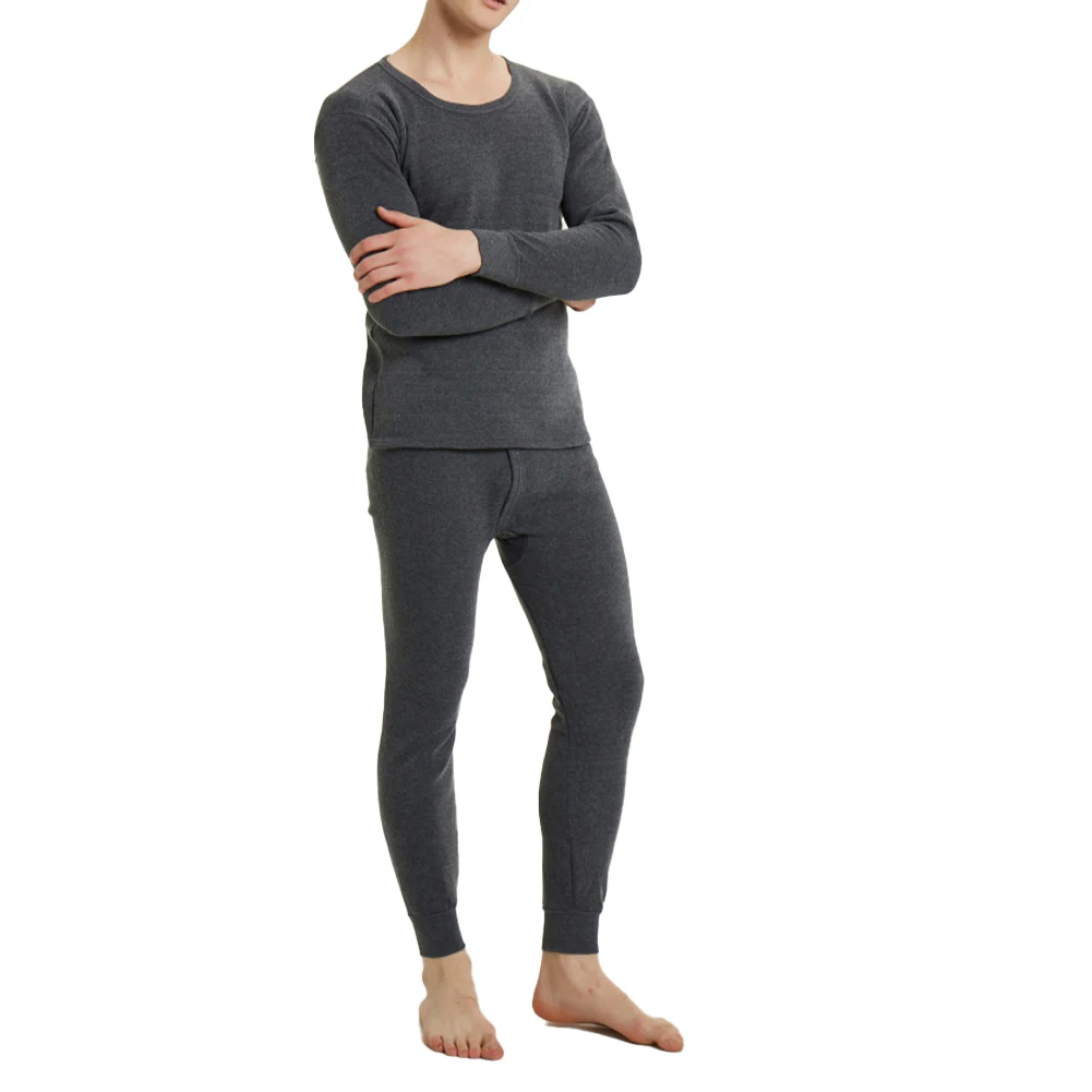 

Men Winter Fleece Lined Long Johns Pajamas Solid Color O neck Suit Keep Warm in Cold Weather Black & Dark Gray