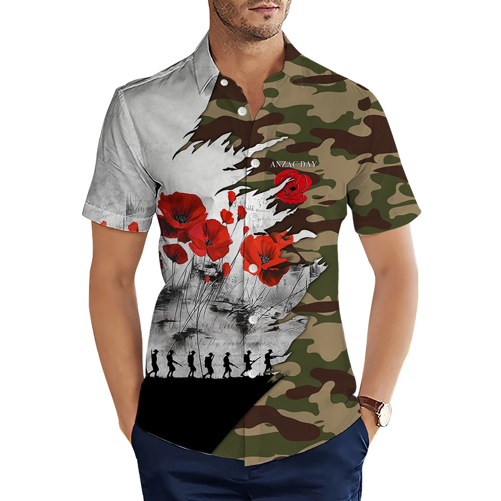 

HX Fashion Men's Shirts Anzac Day Camo Floral Splicing 3D Printed Casual Shirt Summer Shirts for Men Clothing Camisas