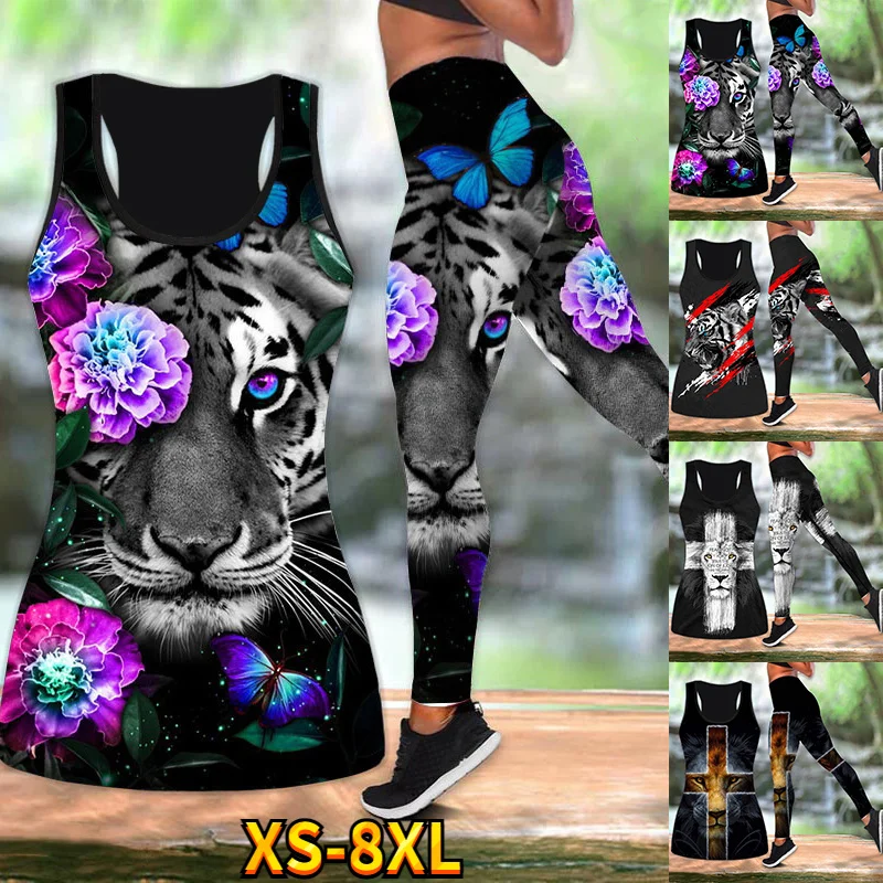 

Womens Flower Tiger Lion 3D All Over Printed Combo Legging Yoga Pants and Hollow Tank Womens Sport Vest Tank Top Suit XS-8XL