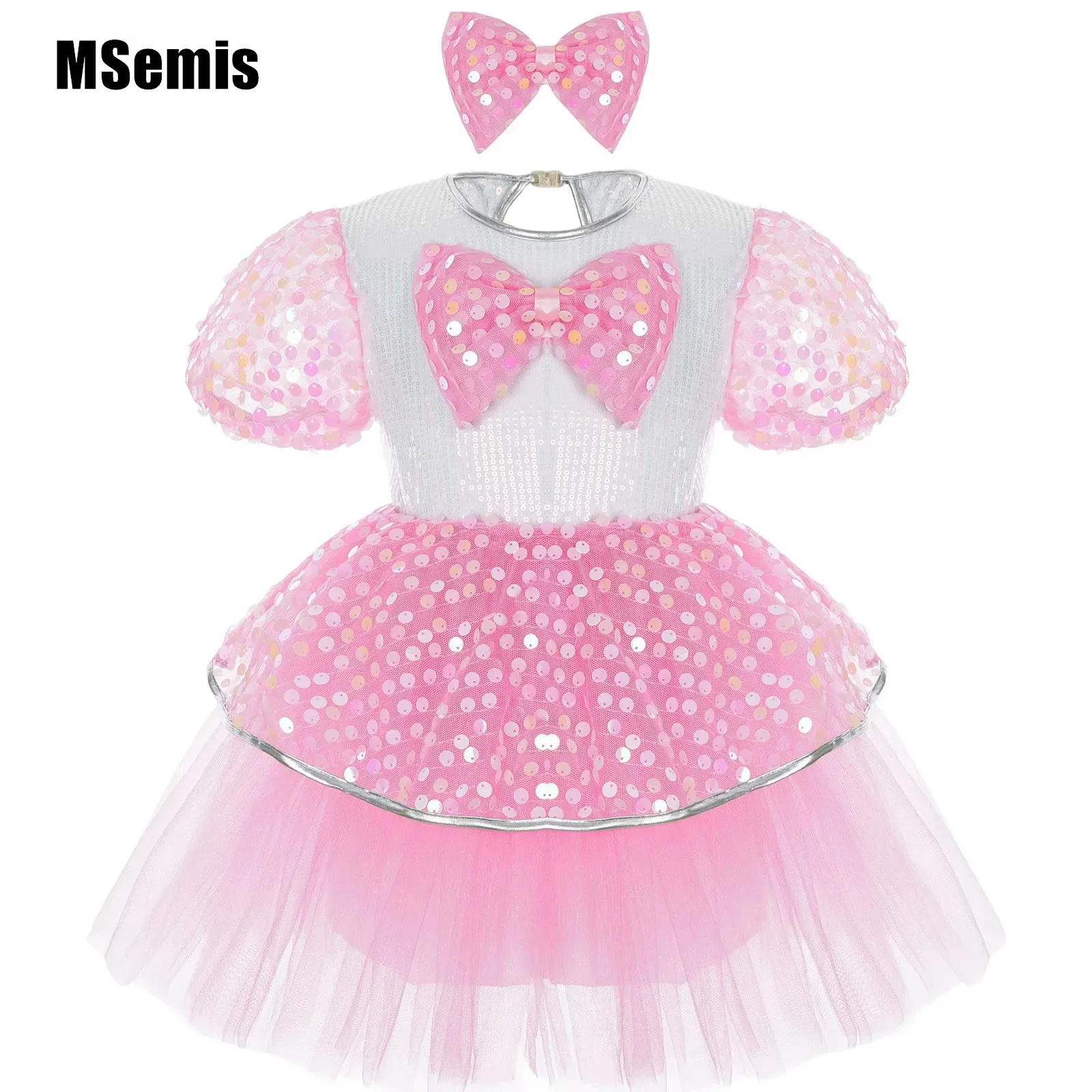 

Kids Girls Glittery Sequins Dance Outfit Stage Performance Tutu Dress Keyhole Back Short Sleeve Dresses with Bowknot Hair Clip