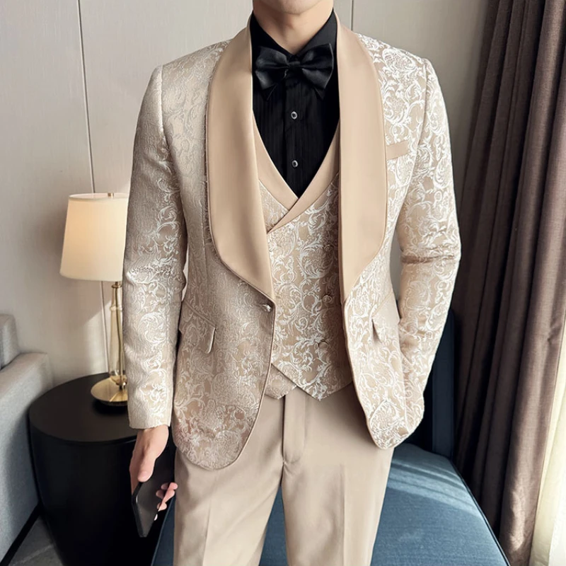 

(Пиджак + жилет + брюки) брендовый модный однотонный мужской официальный офисный деловой костюм свадебное платье для жениха Мужские комплекты облегающего Блейзера