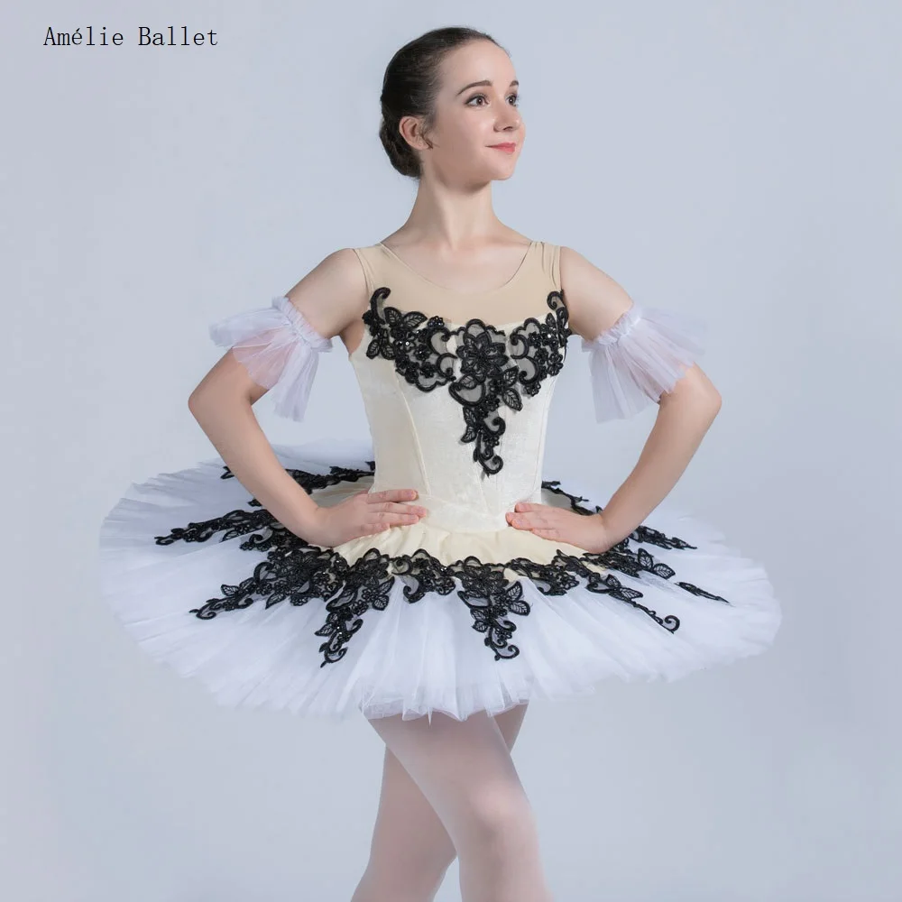 

BLL134 Ivory Velvet Bodice with Black Applique Pre-Professional Ballet Tutu Girls & Women Ballerina Stage Performance Costumes