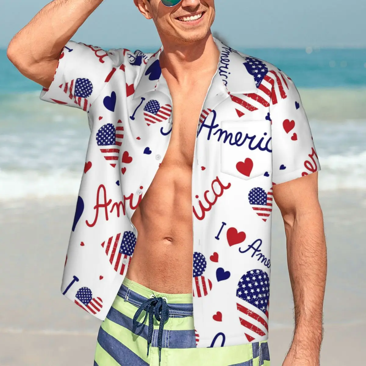 

Гавайская рубашка для отпуска с американским флагом блузки I Love USA со звездами и полосками Свободные повседневные рубашки мужские Забавные топы с коротким рукавом Y2K