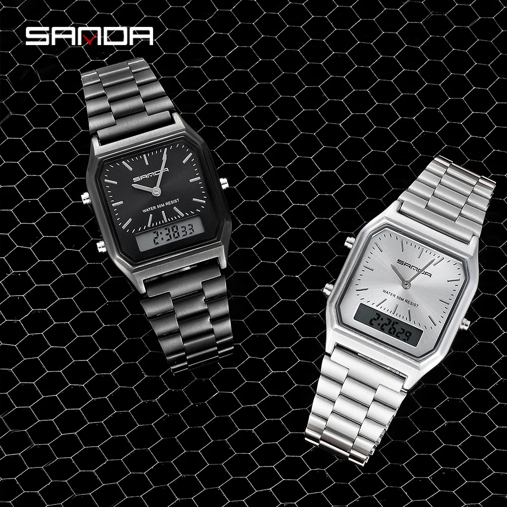 

SANDA G Style Fashion Digital Quartz Watch Dual Display All-Steel Watches Dial Week Time Male Clock Waterproof relogio masculino