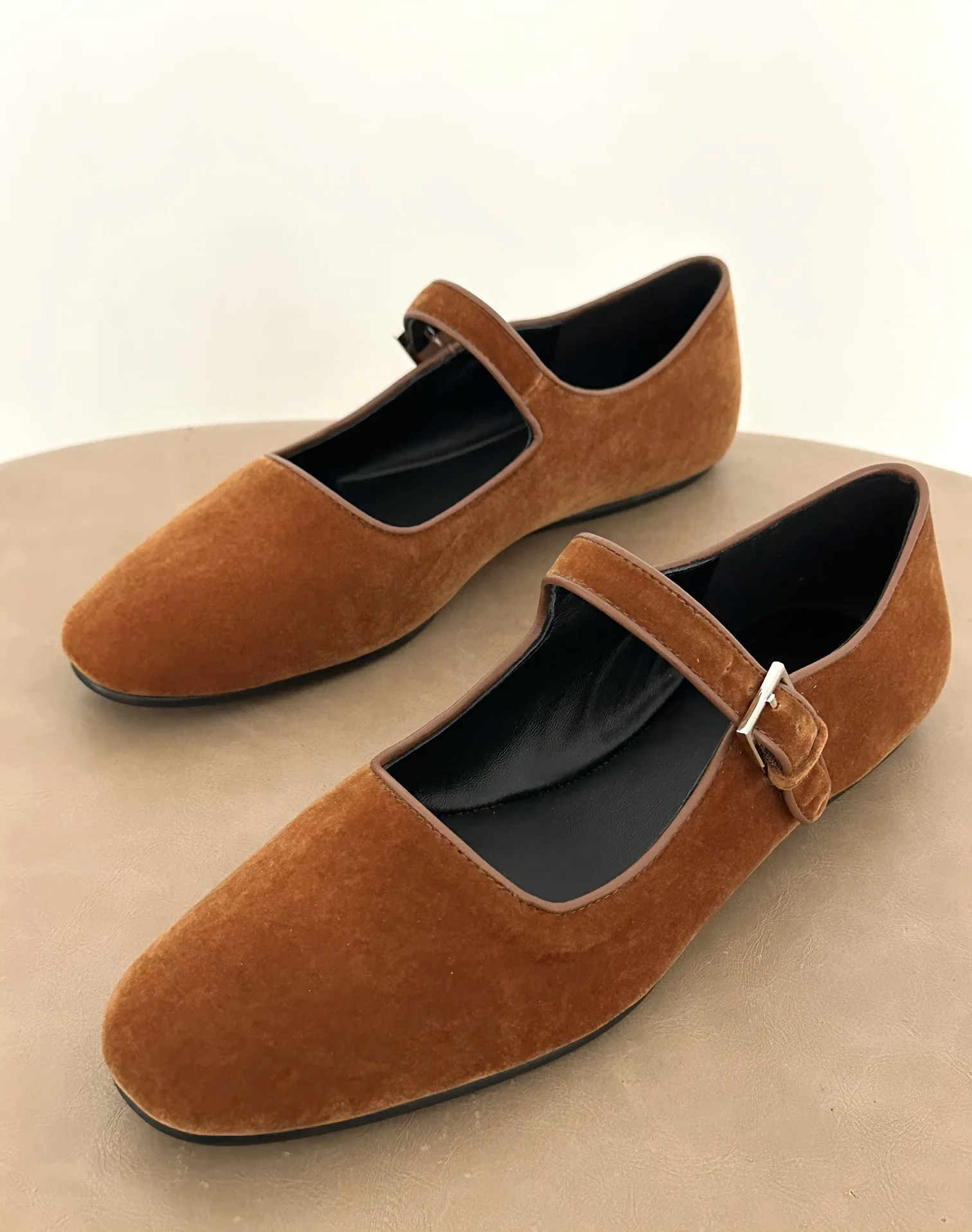 

TR Suede Mary Jean Shoes For Women High Quality Brown Shoe 2024 New Women's Velvet Flat Ballets