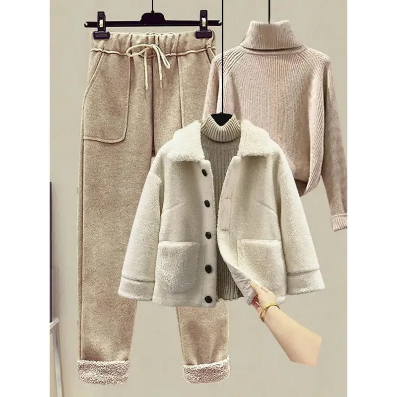Women Winter Warm Three Piece Sets Womens Outfits Ladies Thick Lamb Fur Fleece Coats+knitted Sweater and Woolen Pants Sets N593
Women Winter Warm Three Piece Sets Womens Outfits Ladies Thick Lamb Fur Fleece Coats+knitted Sweater and Woolen Pants Sets N593
