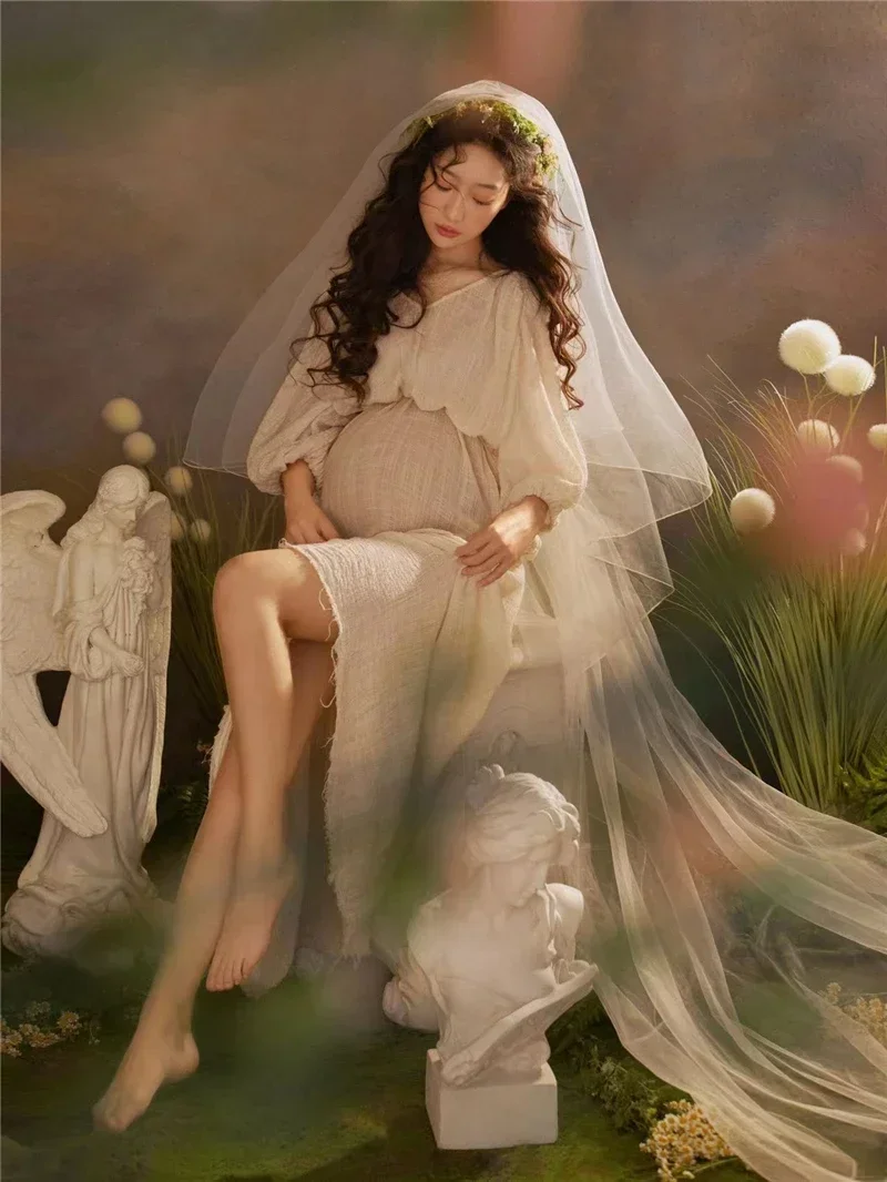 

Women Photography Props Maternity Dresses Hemp Pregnancy Dress with Headdress Studio Shooting Photoshoot Photo Clothes