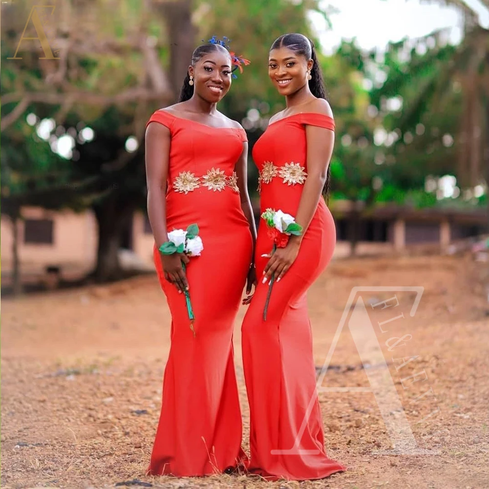 

Красные Атласные Платья для подружек невесты, платье с открытыми плечами и юбкой-годе для свадебной церемонии, элегантные свадебные платья