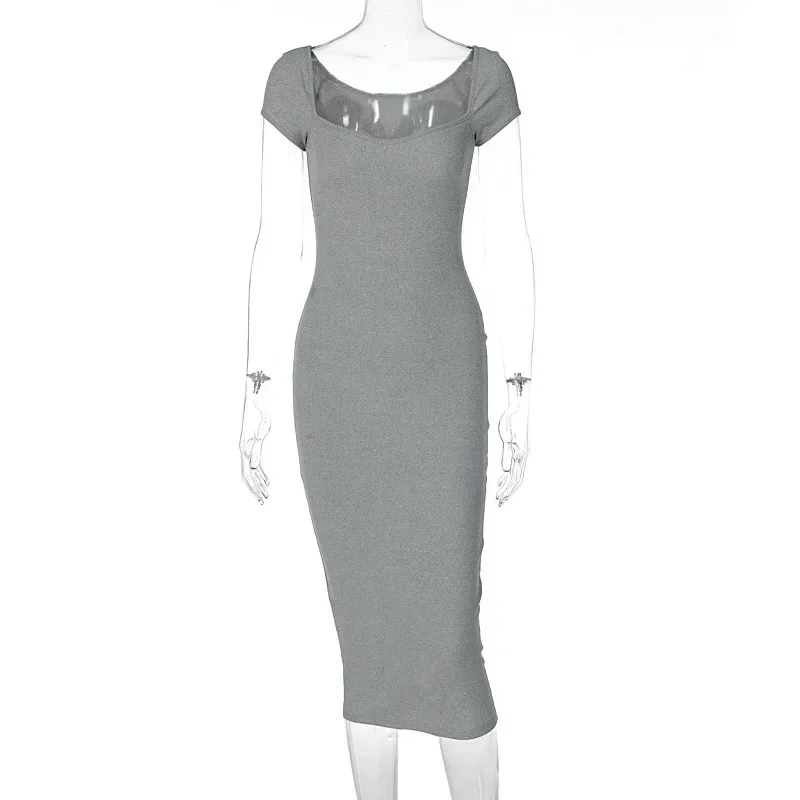 

Europe and the United States Wind 2023 summer women's new sexy low-cut one-word collar rib long slim dress GRAY22