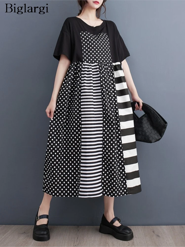 

Oversized Summer Striped Polka Dot Print Midi Dress Women Loose Fashion Ruffle Ladies Dresses Short Sleeve Casual Woman Dress