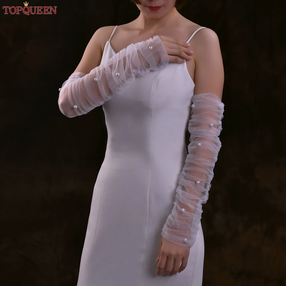 

TOPQUEEN Removable Pearls Sleeves Wedding Accessory Opera Length Bridal Fingerless Cover Long Tulle Bridal Gloves VM18