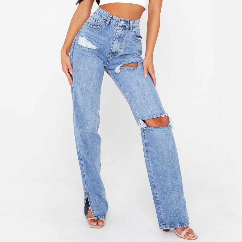 

Women's Jeans High Waist Show Tall Thin Straight Leg Denim Mopping Pants Broken Foot Slit Sag Y2k Pants Ripped Jeans for Women