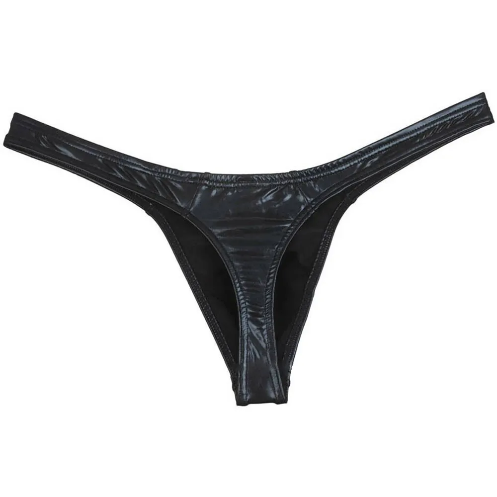 

Sexy Men Oil Shiny Thong Leather Panties Like T-back Underwear Male Stretchy G-string Solid Mini Bikini Thong Bulge Pouch Pants