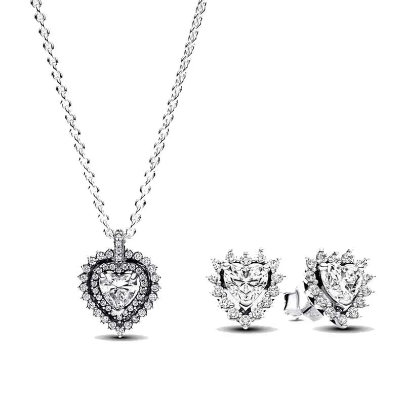 

IN STOCK 925 Sterling Silver Europe Sparkling Heart Halo Stud Earrings & Pendant Necklace Jewelry Set for Women's Party Gift