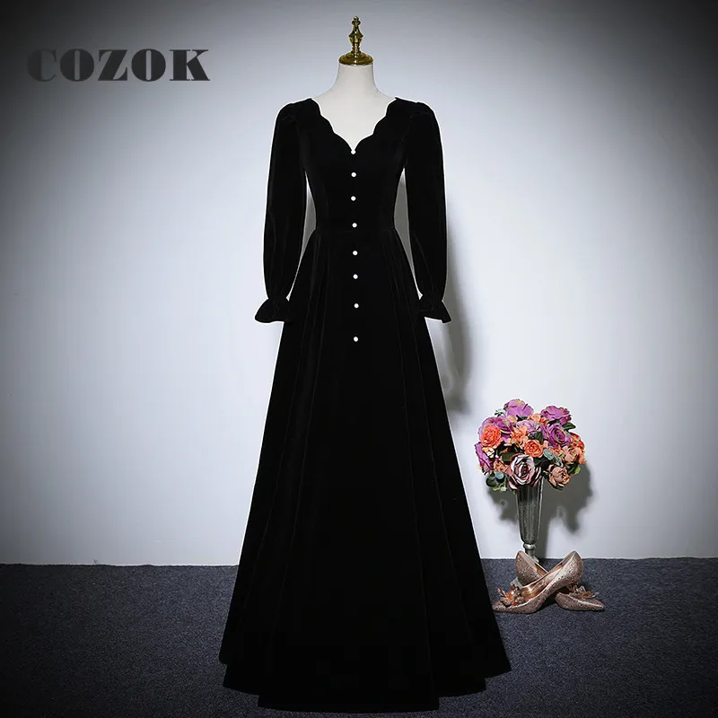 Elegant Black V Neck Long Sleeve Evening Dresses Velour A Line Back Lace Up Floor-Length Prom Gowns Robes De Soirée SX95
Elegant Black V Neck Long Sleeve Evening Dresses Velour A Line Back Lace Up Floor-Length Prom Gowns Robes De Soirée SX95