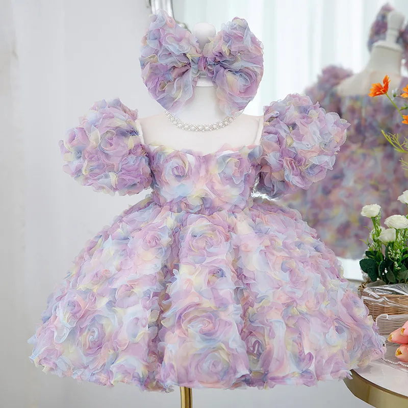 

Girls high quality Princess petal purple Children pearl Bow knot tutu Wedding Gown Kids Dresses baby infant Birthday Party Dress