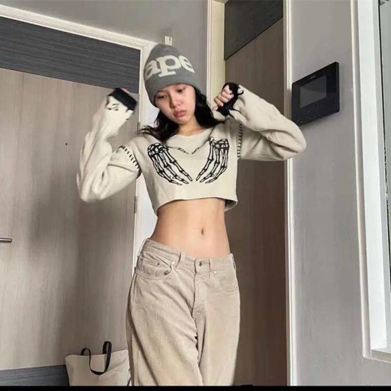 Japanese Harajuku Skeleton Short Sweater Women Knit Pullover Printing O-neck Streetwear Punk Goth Girls Jumper Cropped Sweater
Japanese Harajuku Skeleton Short Sweater Women Knit Pullover Printing O-neck Streetwear Punk Goth Girls Jumper Cropped Sweater