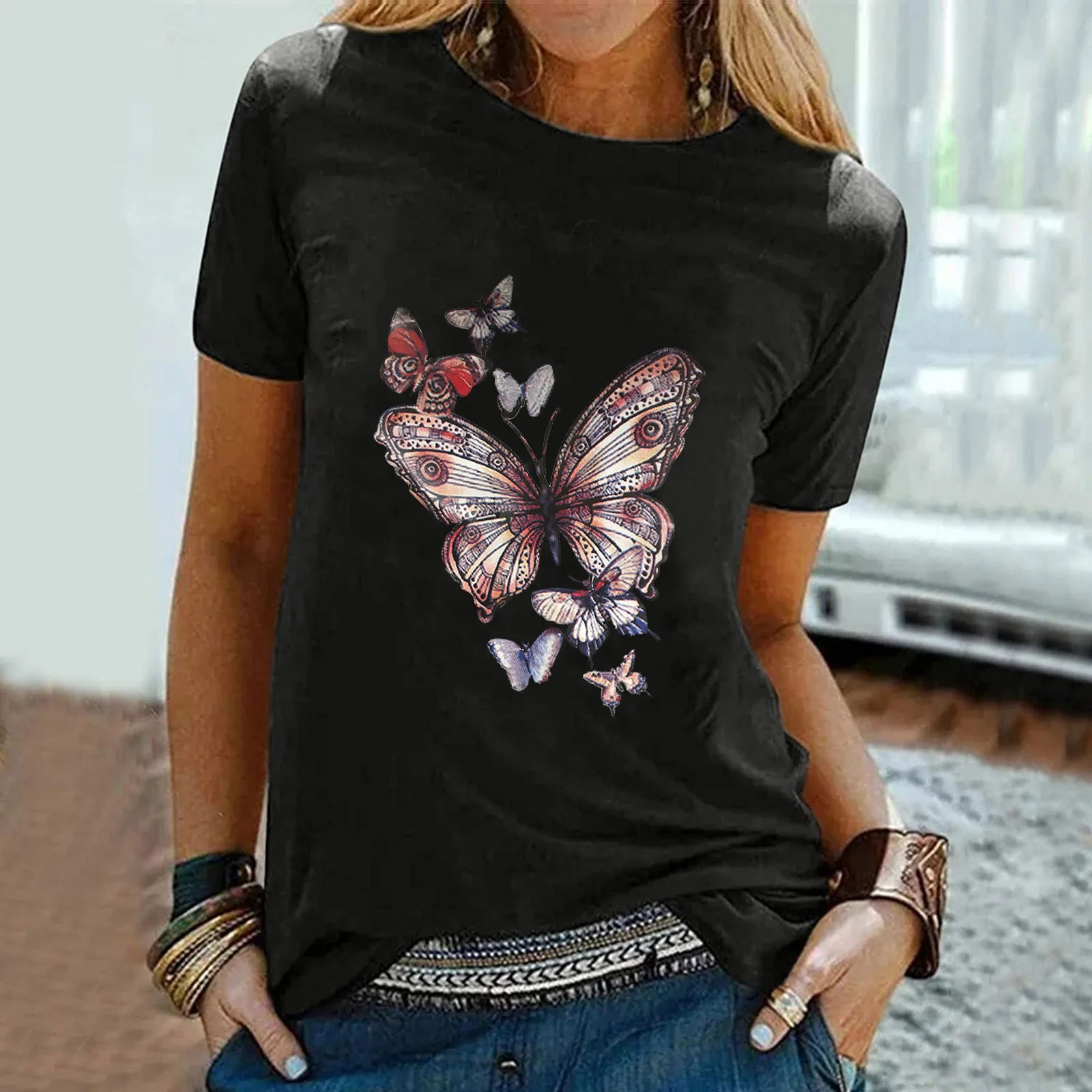 Hot Selling Bottoming Shirt Butterfly Print Round Neck Short-sleeved Women's T-shirt Summer Fashion Commuting Casual Cloth
Hot Selling Bottoming Shirt Butterfly Print Round Neck Short-sleeved Women's T-shirt Summer Fashion Commuting Casual Cloth