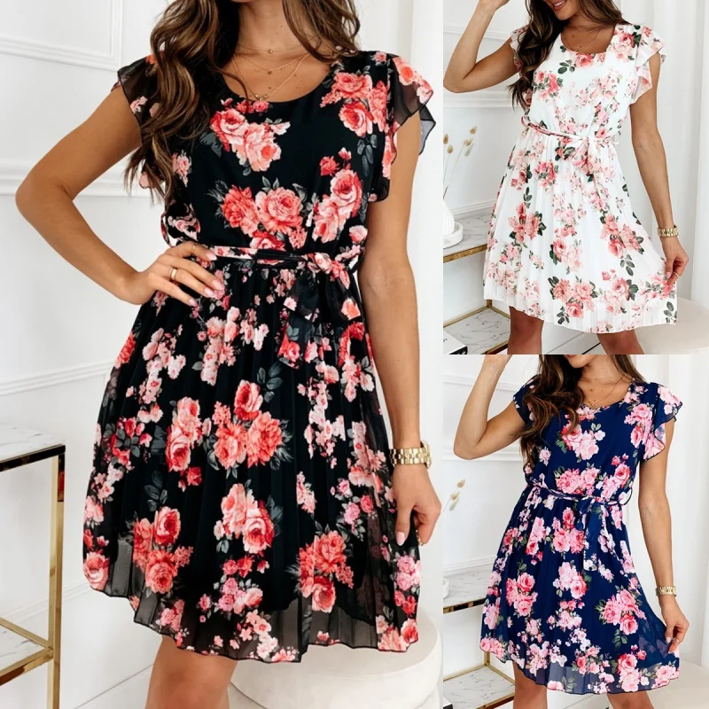 

Ruffled Chiffon Lace Up Floral Printed Pleated Dress 2023 Summer New Round Neck Sashes Holiday A-Line Women Dresses