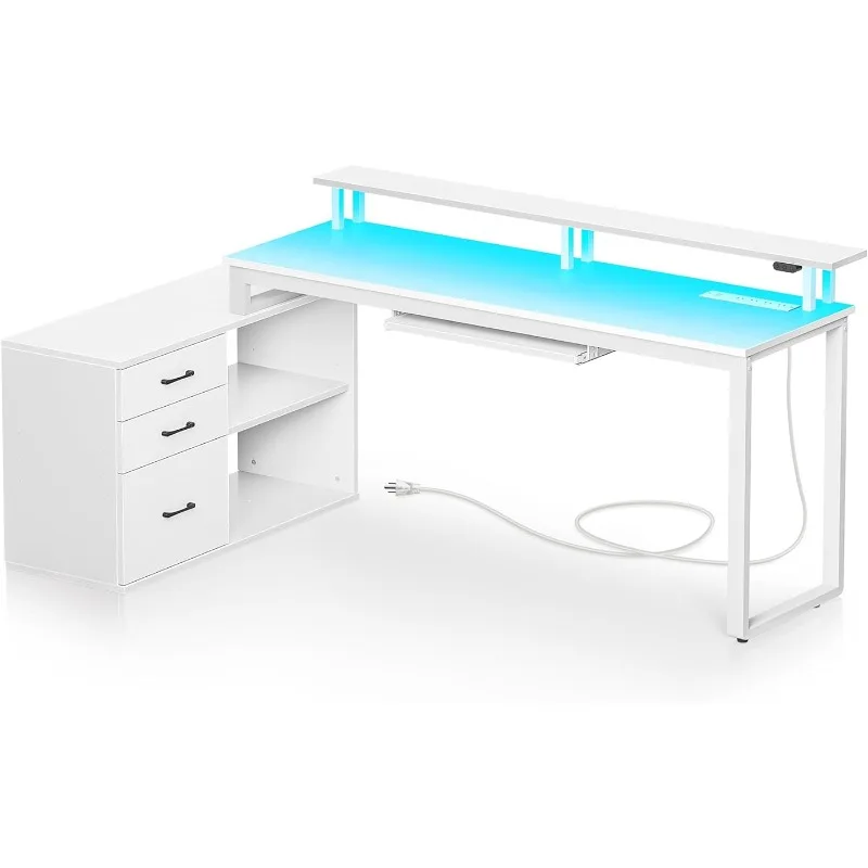 

Reversible L Shaped Desk with LED Strip & Keyboard Tray, 55 Inch Home Office Corner Study Writing Table with Monitor Stand