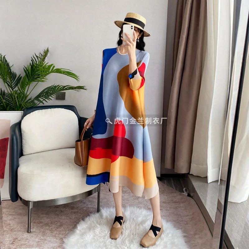 

Miyake Pleated Printed Dress Premium Sense Hundred Temperament Pleated Seven-minute Sleeve Colorful Loose Thin Mid-length Skirt